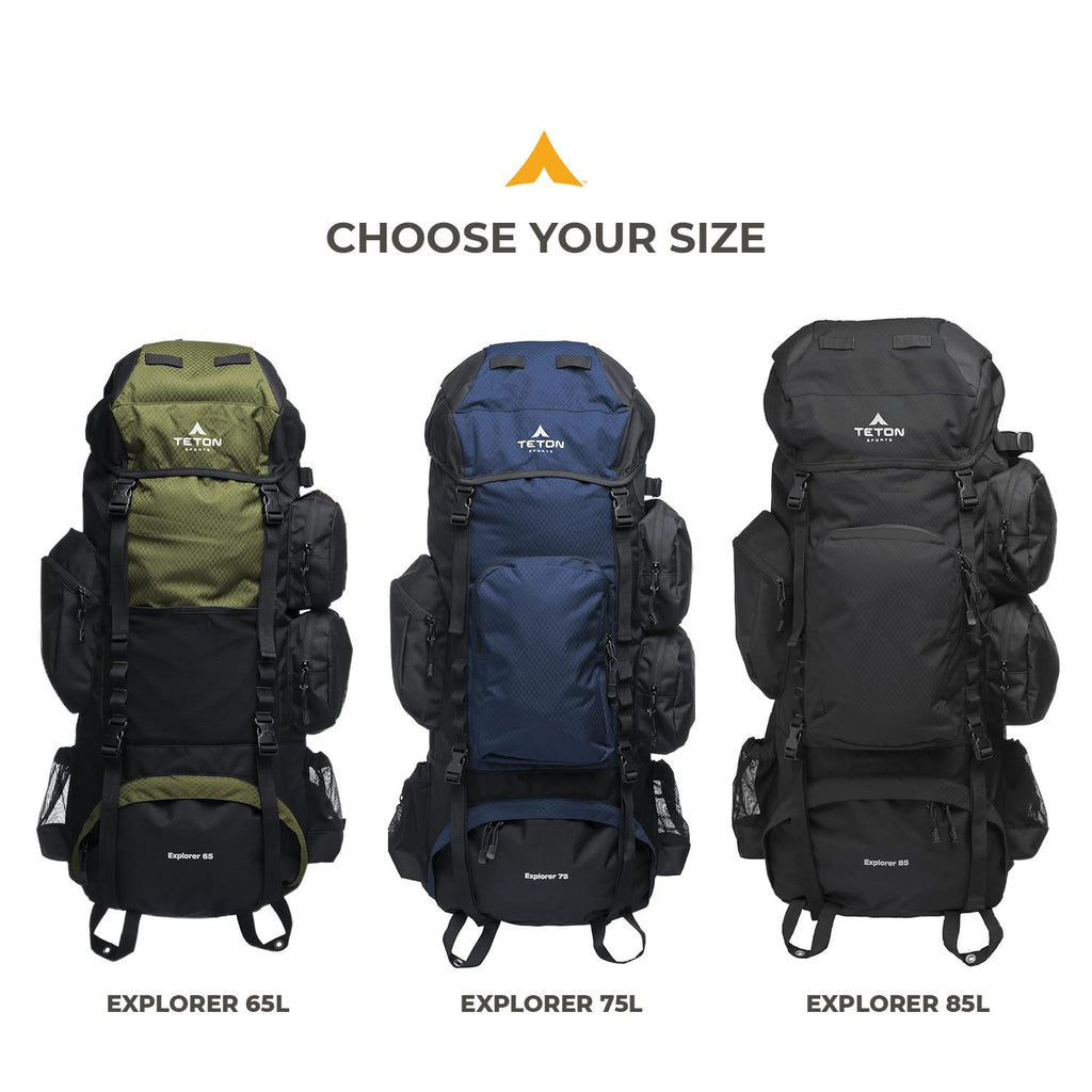 Teton 85L Explorer Internal Frame Backpack for Hiking, Camping, Backpacking, Rain Cover Included, Black